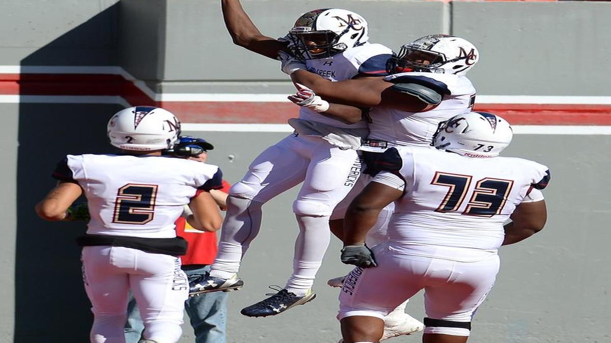 Mallard Creek Mavericks Ryan Jones, center with ball, and his teammates celebrate his touchdown pass reception during second quarter action at Carter-Finley Stadium in Raleigh, NC on Saturday, December 12, 2015. Mallard Creek defeated Page 49-6 to win the NC 4-AA Championship.