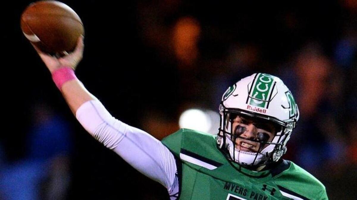 Myers Park quarterback Brayden Hawkins accounted for four touchdowns in the Mustangs’ 35-28 Southwestern 4A win Friday against Porter Ridge.