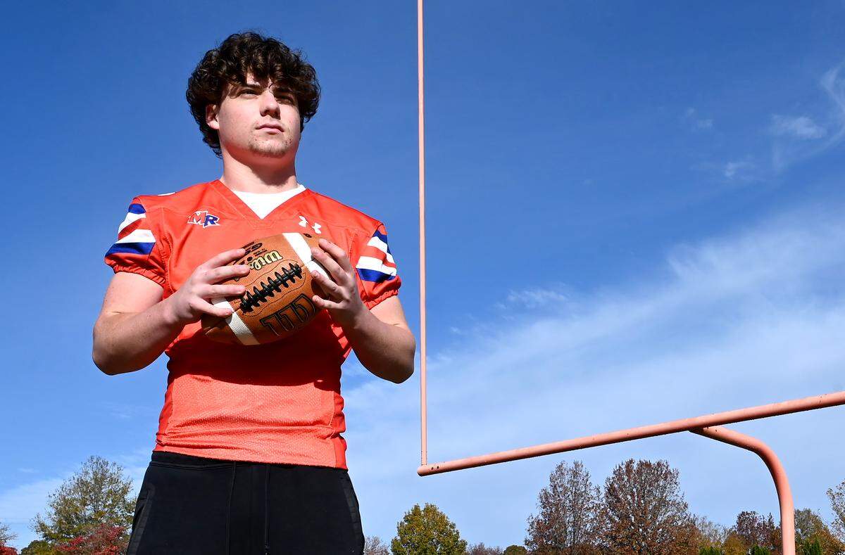 Marvin Ridge High linebacker Brady Morgan on Thursday, November 13, 2025. Morgan and his teammates will be facing Weddington High in prep football action on Friday, November 14, 2025. Morgan is the son of former NFL linebacker and Carolina Panthers President of Football Operations/General Manager Dan Morgan.