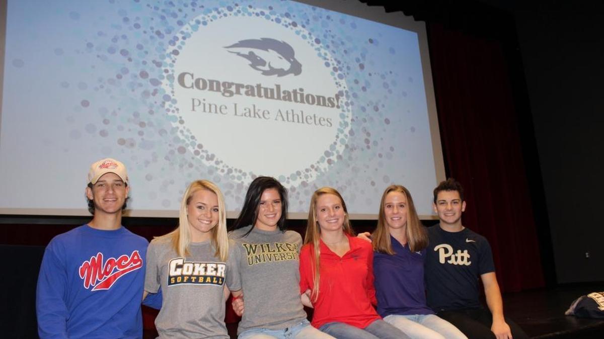 Pine Lake Prep athletes on signing day, left to right: Drew Kwiatkowski, Lacrosse: Florida Southern; Isabelle Mullen - Softball: Coker College; Katie Shue - Volleyball: Wilkes University; Emma Yeakley - Diving: University of Richmond; Nicole Yeakley - Diving: Grand Canyon University; Nick Garberina - Diving: University of Pittsburgh