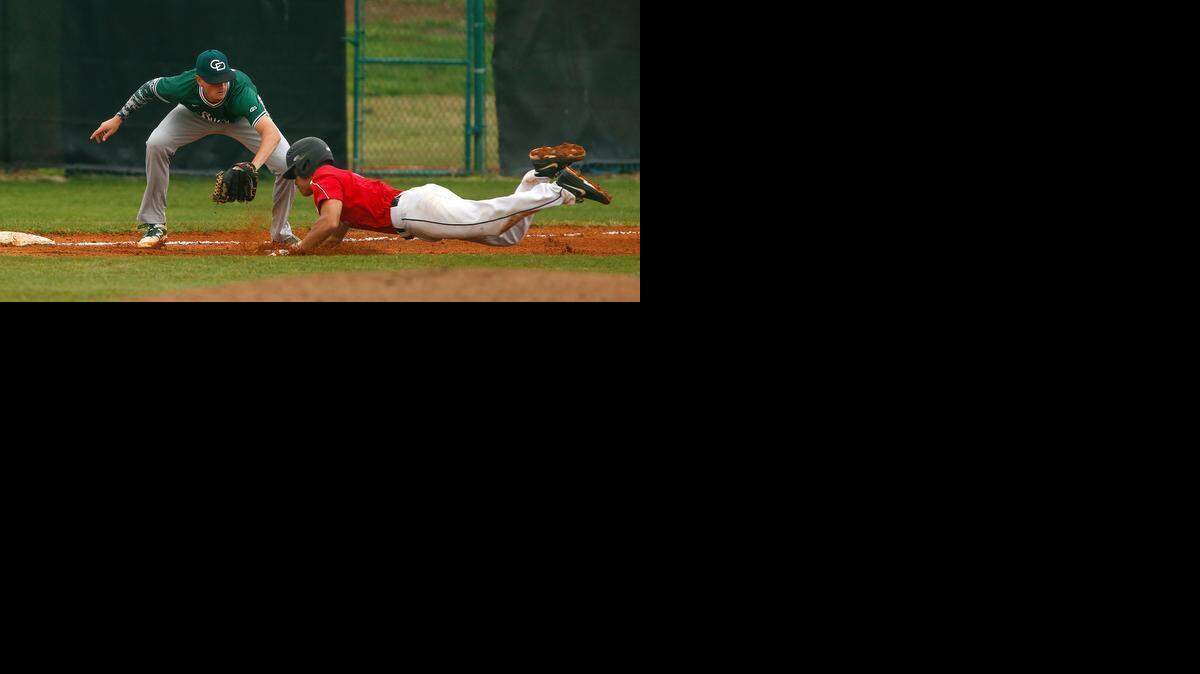 
Charlotte Country Day third baseman Trent Alley tags out Kobe Phillips, but not before Phillips drove in two runs with a fourth-inning double during Butler’s Jack Sink Easter tournament victory Tuesday at Myers Park High.
