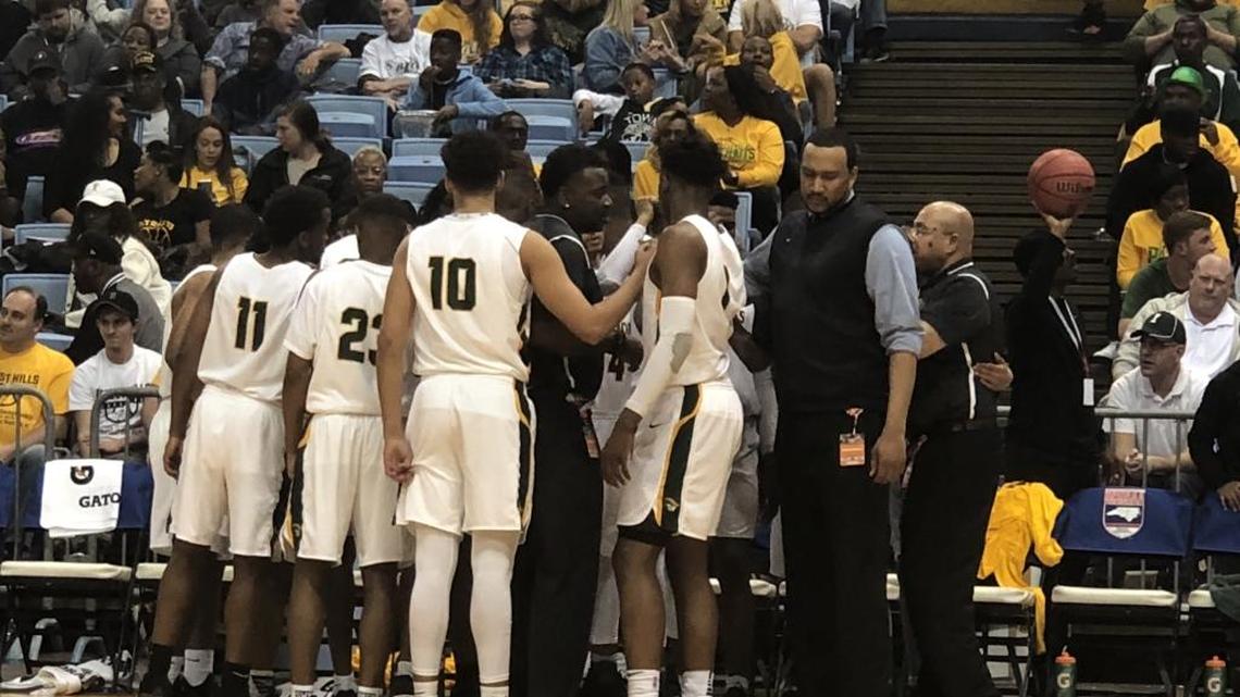 Independence High huddling before the start of the second half in Saturday’s NCHSAA 4A final with Wake Forest Heritage
