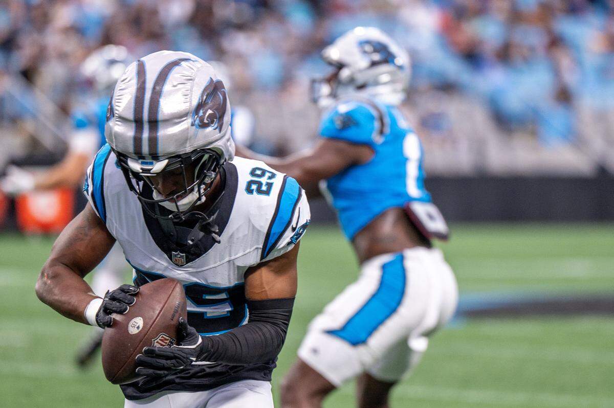 Carolina Panthers cornerback Akayleb Evans catches a football during the Carolina Panthers’ fan fest open practice at the Bank of America Stadium in Charlotte, NC, Saturday August 2, 2025.