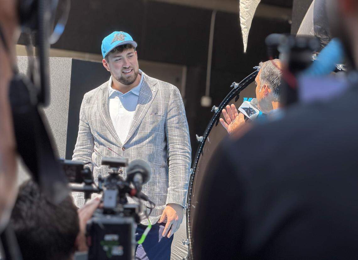 Carolina’s top draft pick Monroe Freeling on Friday after arriving in Charlotte. 