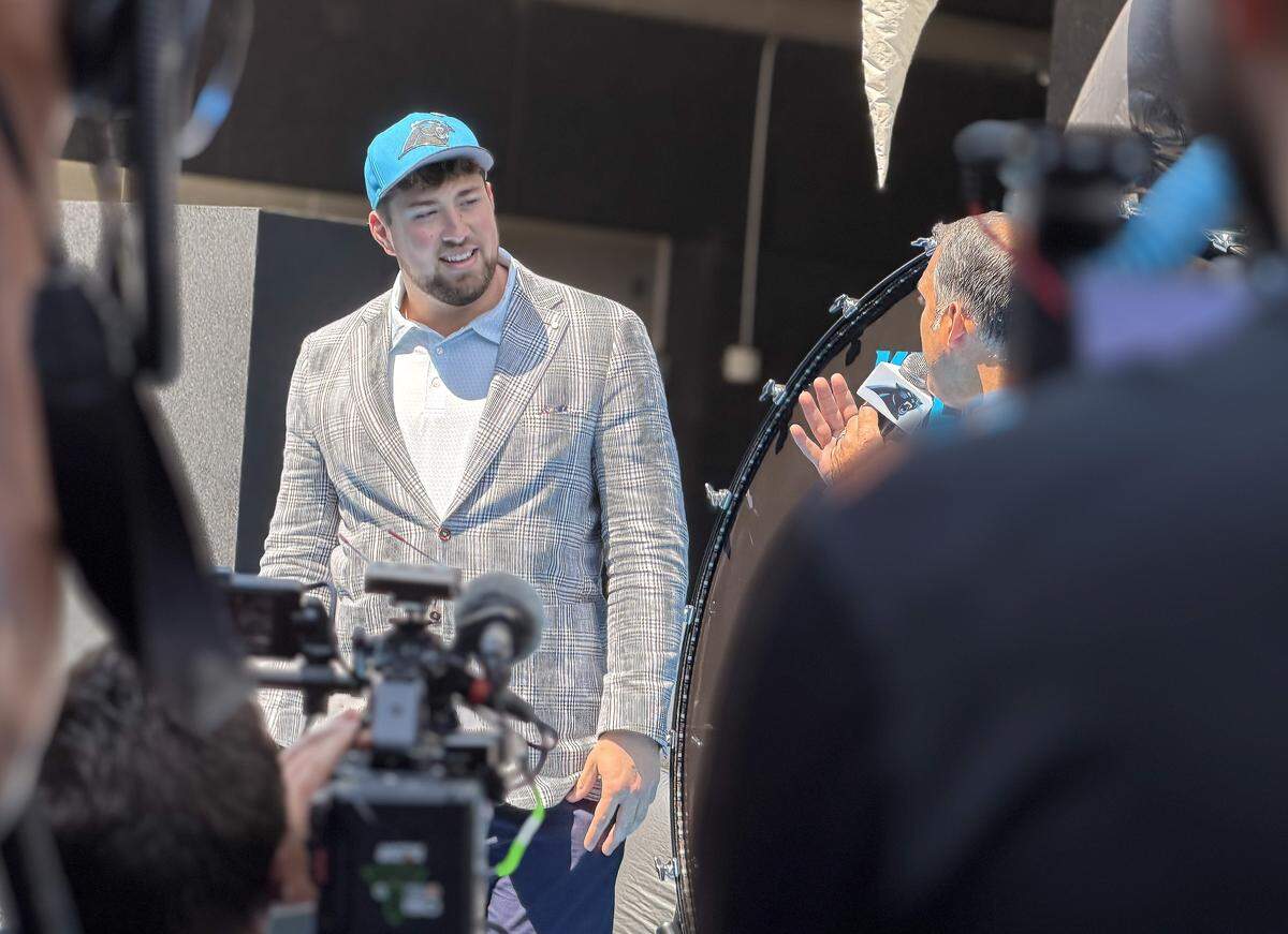 Carolina’s top draft pick Monroe Freeling on Friday after arriving in Charlotte. 