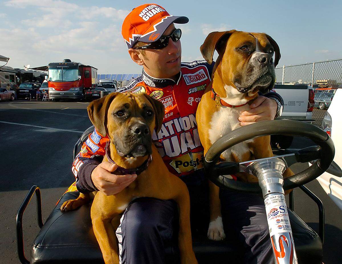 Cup driver Greg Biffle with his dogs (L-R) Gracie and Foster following practice at Lowe's Motor Speedway in May 2005. The two dogs are boxers.