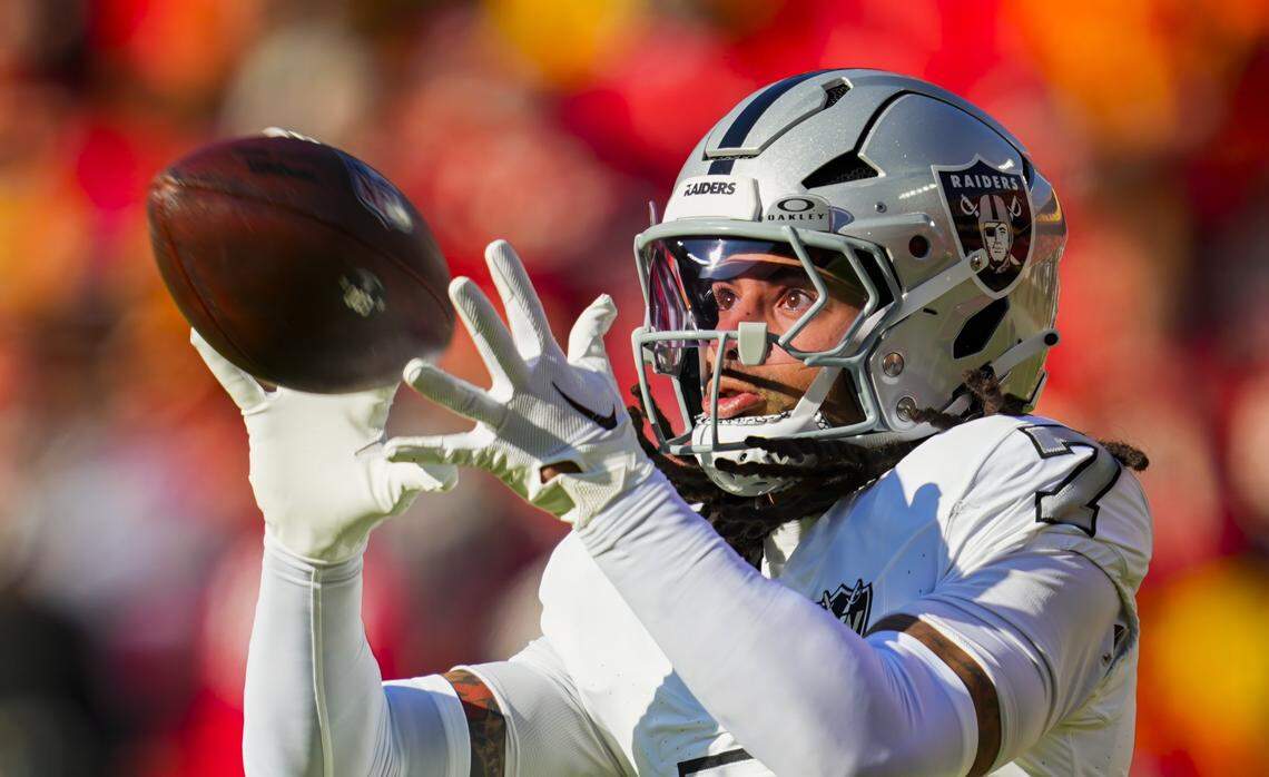 Nov 29, 2024; Kansas City, Missouri, USA; Las Vegas Raiders safety Tre'von Moehrig (7) warms up prior to a game against the Kansas City Chiefs at GEHA Field at Arrowhead Stadium. Mandatory Credit: Jay Biggerstaff-Imagn Images