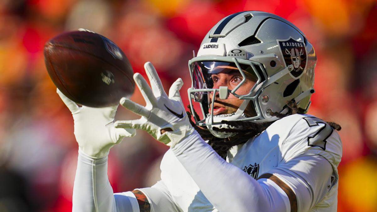 Nov 29, 2024; Kansas City, Missouri, USA; Las Vegas Raiders safety Tre'von Moehrig (7) warms up prior to a game against the Kansas City Chiefs at GEHA Field at Arrowhead Stadium. Mandatory Credit: Jay Biggerstaff-Imagn Images
