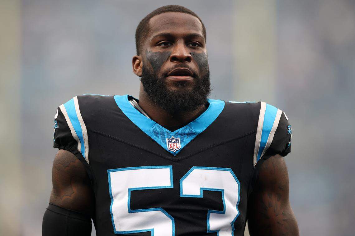 Claudin Cherelus of the Carolina Panthers during a 2025 game against the Seattle Seahawks at Bank of America Stadium. 