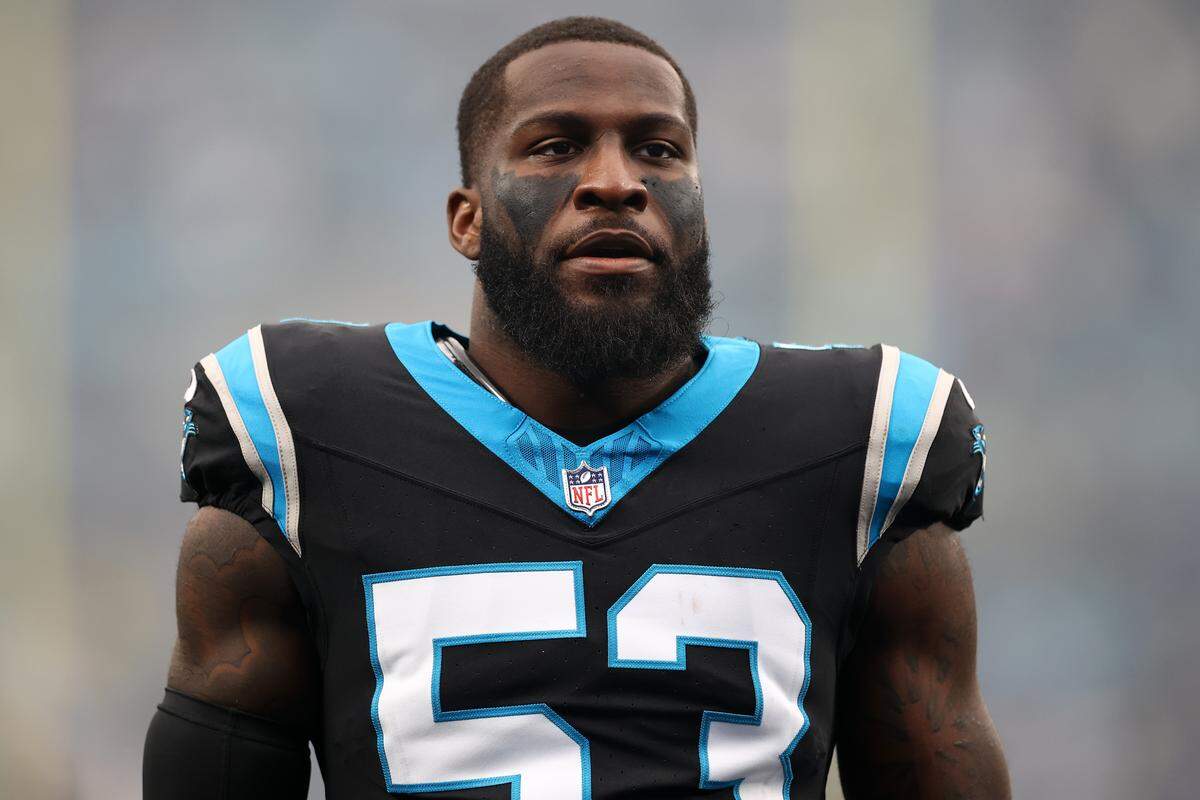 Claudin Cherelus of the Carolina Panthers looks on prior to the game against the Seattle Seahawks on Dec. 28, 2025, at Bank of America Stadium.