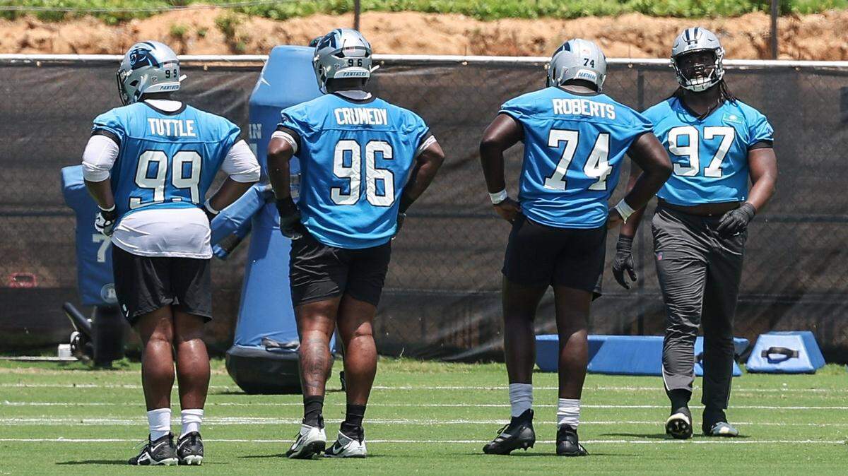 Panthers defensive tackles practice during the second day of minicamp in Charlotte, NC on Wednesday, June 11, 2025. Bobby Brown III, 97, will be a key piece to the Panthers defense.