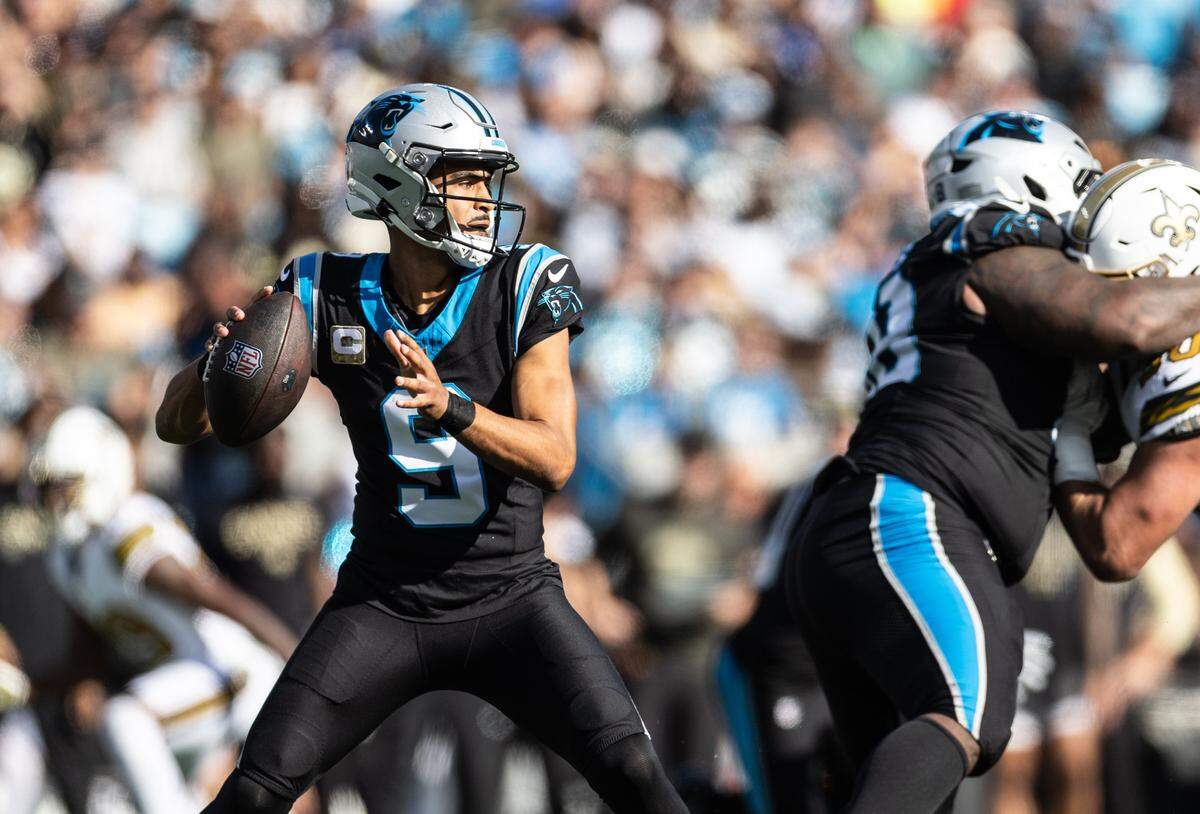 Carolina Panthers quarterback Bryce Young makes a pass against the New Orleans Saints at Bank of America Stadium in Charlotte, N.C., on Sunday, November 9, 2025.