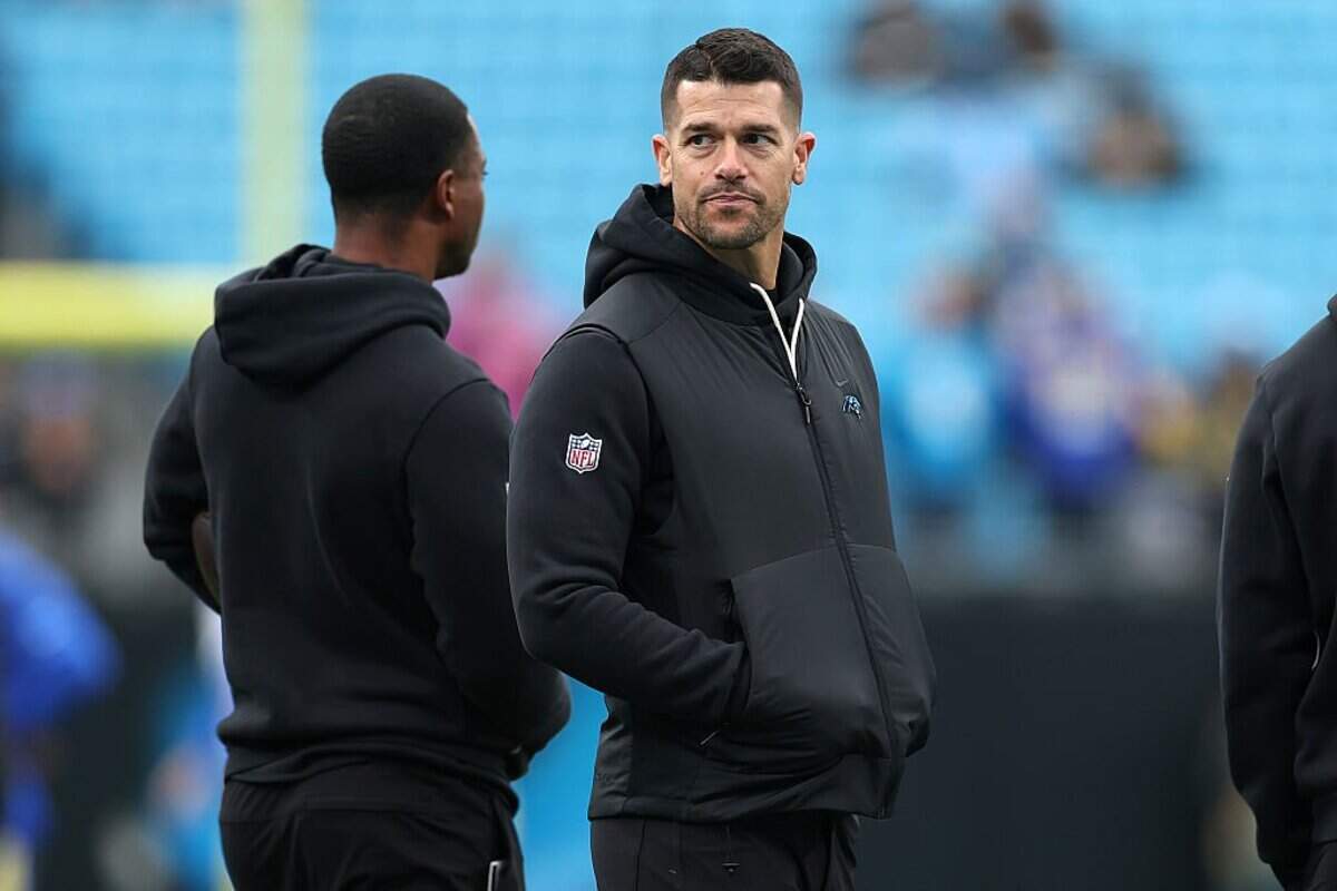 CHARLOTTE, NORTH CAROLINA - NOVEMBER 30: Head coach Dave Canales of the Carolina Panthers looks on before the game against the Los Angeles Rams at Bank of America Stadium on November 30, 2025 in Charlotte, North Carolina. (Photo by Grant Halverson/Getty Images)