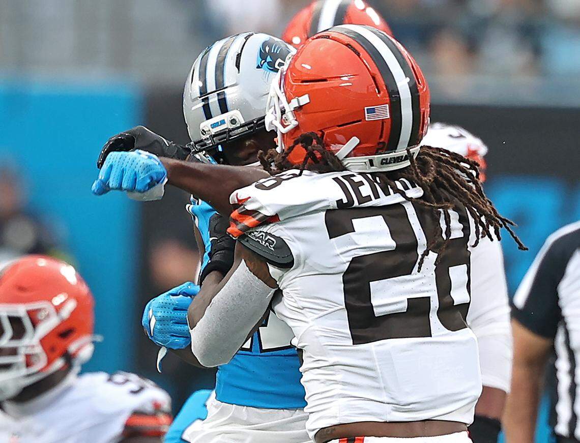 Carolina Panthers wide receiver Xavier Legette, left and Cleveland Browns safety Rayshawn Jenkins, right, exchange punches during action on Friday, August 8, 2025, at Bank of America Stadium in Charlotte, NC. The players were both ruled ineligible following the skirmish.