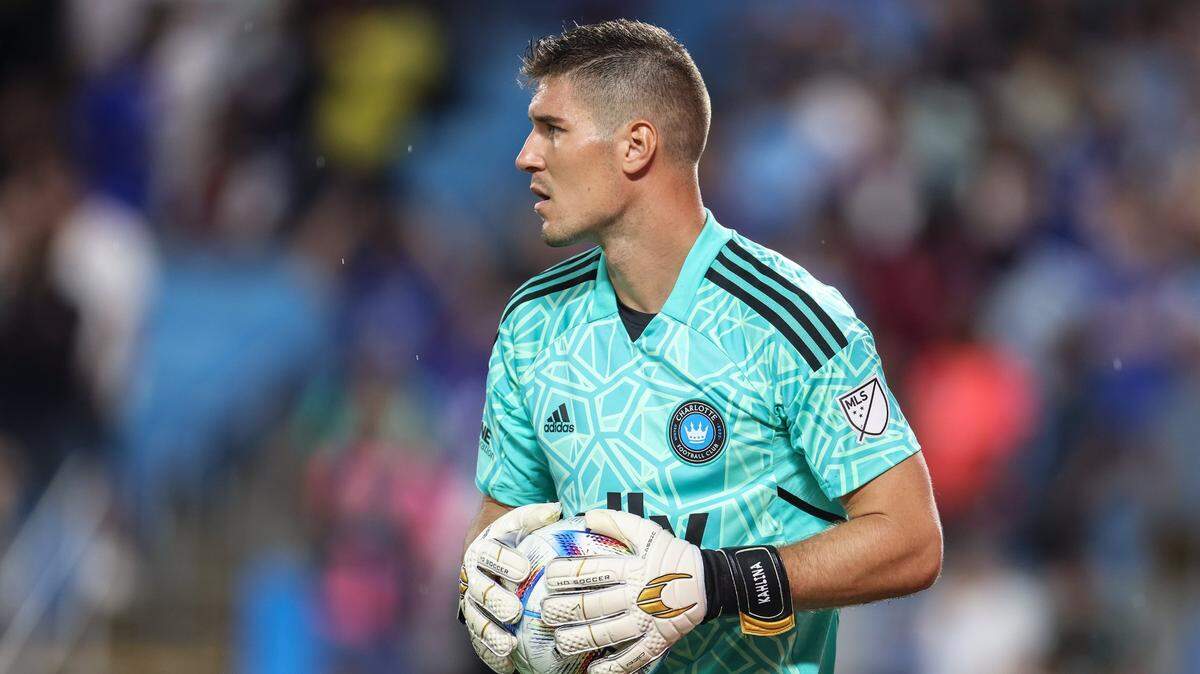Charlotte FC goalkeeper Kristijan Kahlina holds the ball at the Bank of America Stadium in Charlotte, N.C., on Wednesday, July 20, 2022.