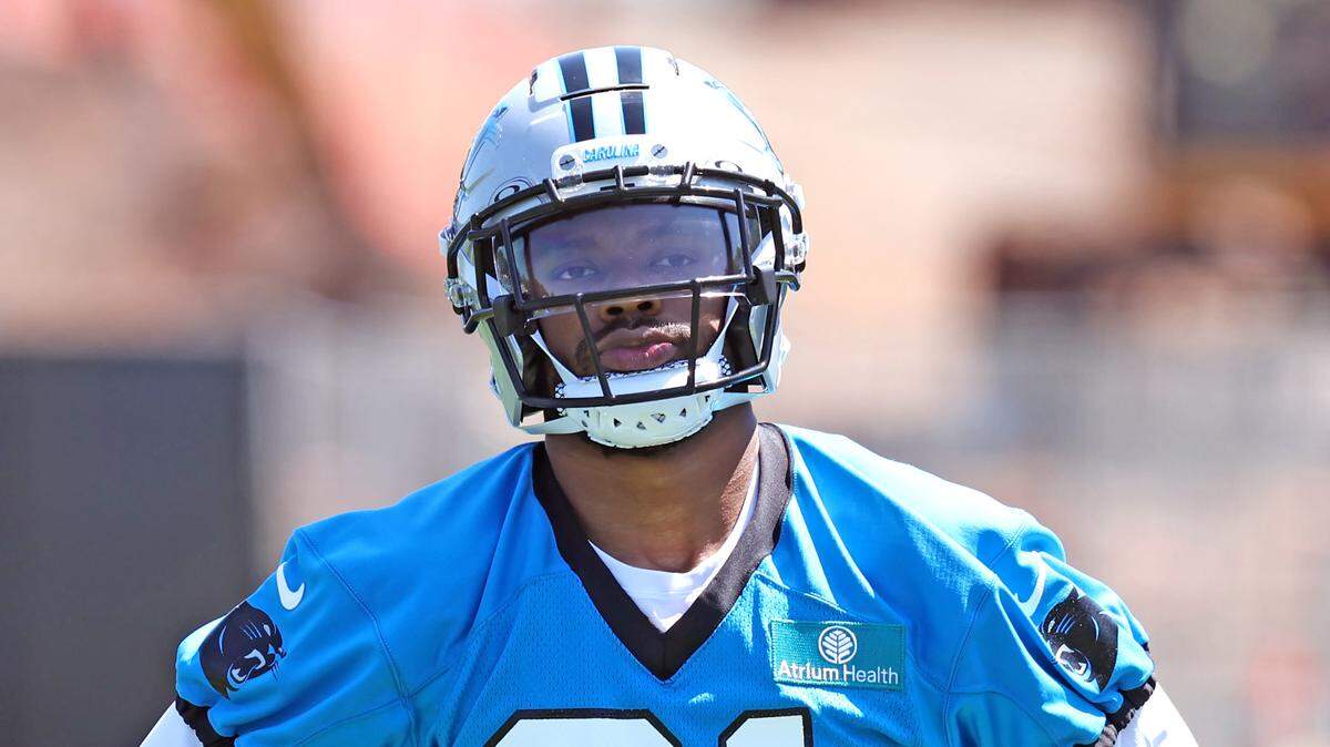 Carolina Panthers rookie wide receiver Moose Muhammad III waits for the start of drills during the team’s rookie minicamp practice on Friday, May 9, 2025.