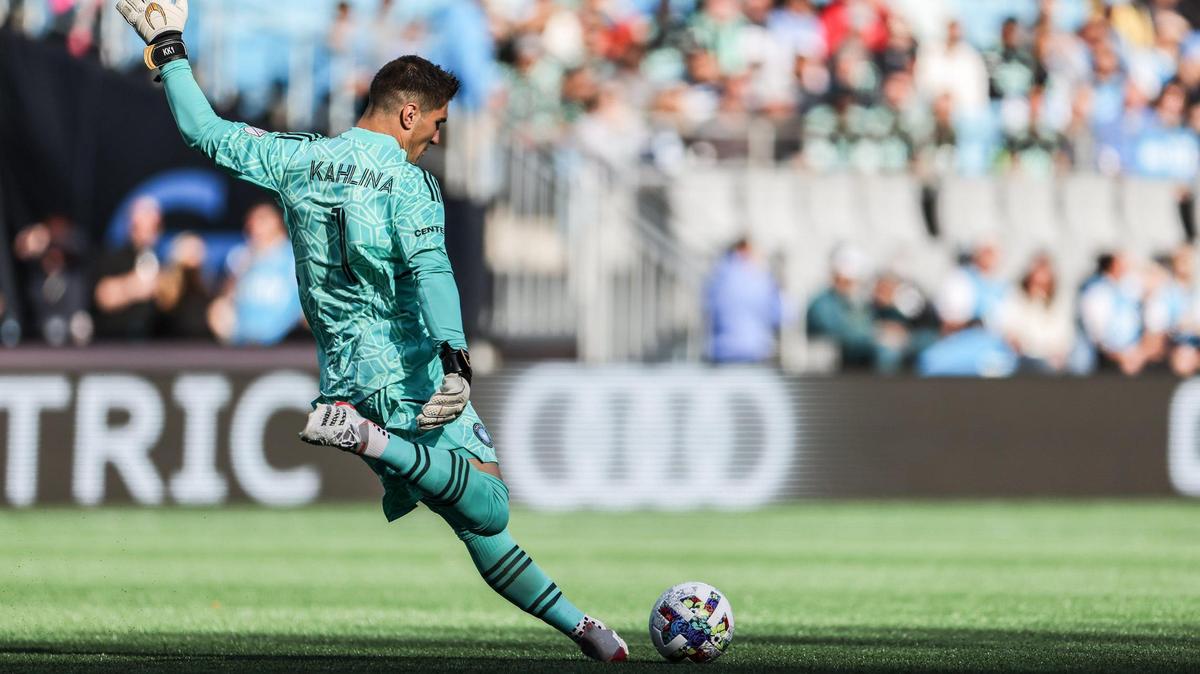 Charlotte FC Kristijan Kahlina kicks the ball against Cincinnati FC at the Bank of America Stadium in Charlotte, N.C., on Saturday, March 26, 2022.