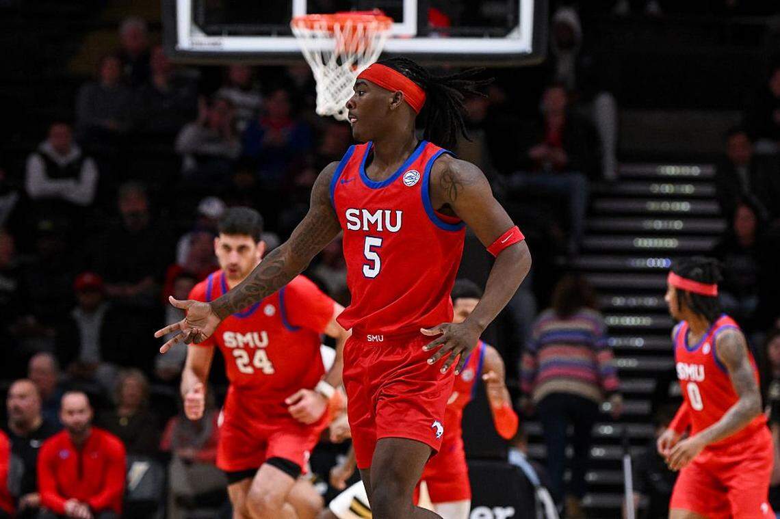 NASHVILLE, TENNESSEE - DECEMBER 3: Jaron Pierre Jr. #5 of the SMU Mustangs celebrates a three-pointer against the Vanderbilt Commodores in the second half at Vanderbilt University Memorial Gymnasium on December 3, 2025 in Nashville, Tennessee. (Photo by Carly Mackler/Getty Images)