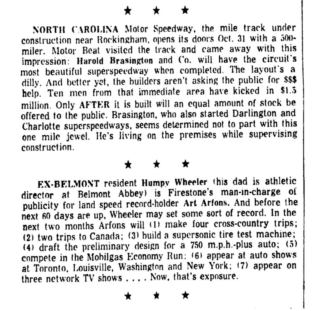 In the April 11, 1965 edition of The Charlotte Observer, longtime motorsports writer George Cunningham claimed North Carolina Motor Speedway, which would later become Rockingham Speedway, would become “the most beautiful superspeedway” in NASCAR upon the construction’s completion.