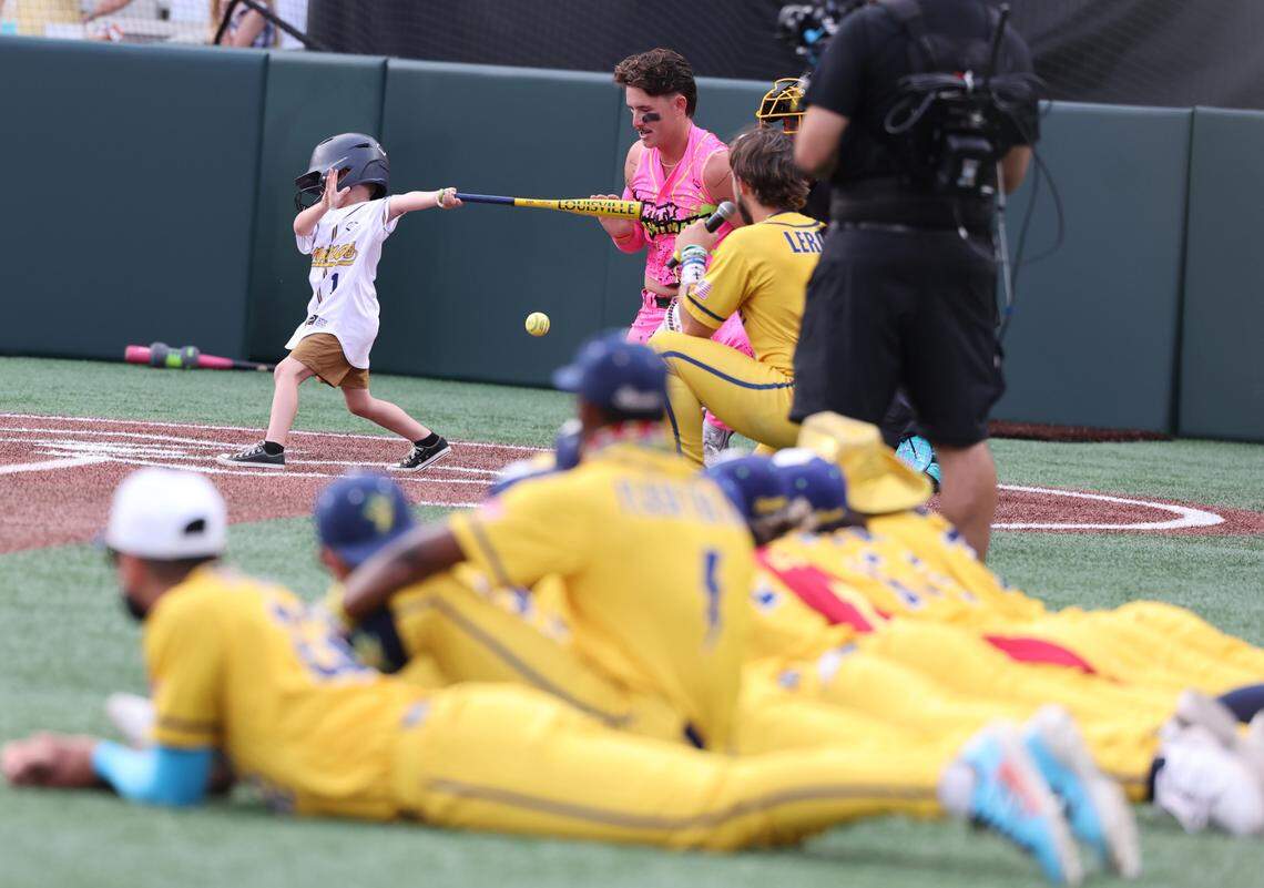 The Bananas watch a small child hit the ball Friday, June 6, 2025 at Bank of America Stadium in Charlotte