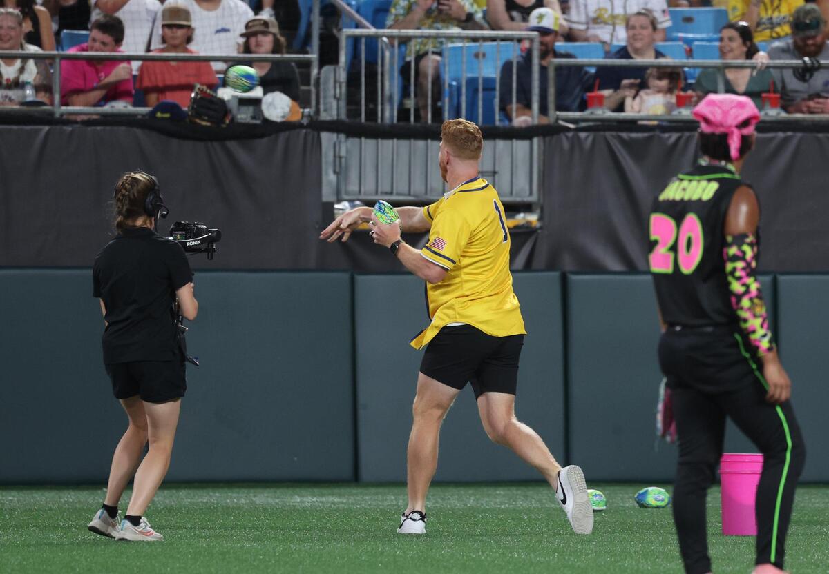 Carolina Panthers quarterback Andy Dalton plays “undodgeball” Saturday, June 7, 2025 at Bank of America Stadium in Charlotte