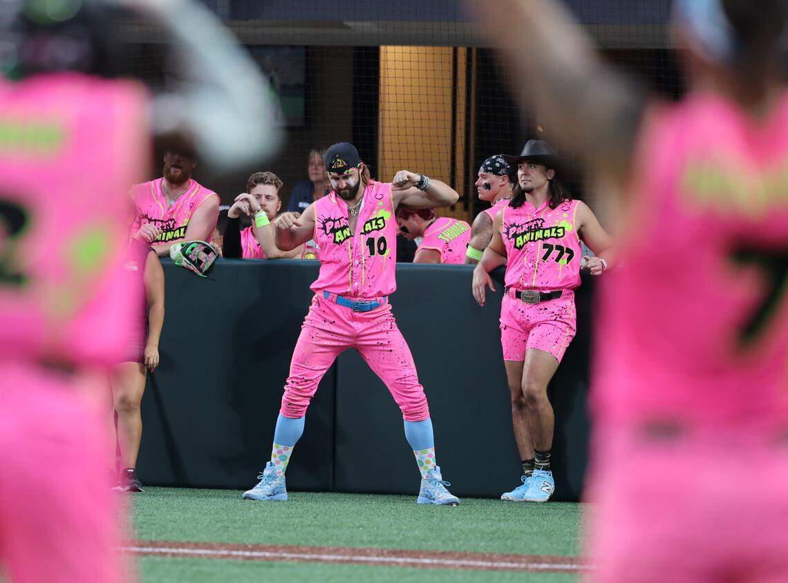 Party Animals’ Bret Helton dances during a play Friday, June 6, 2025 at Bank of America Stadium in Charlotte.