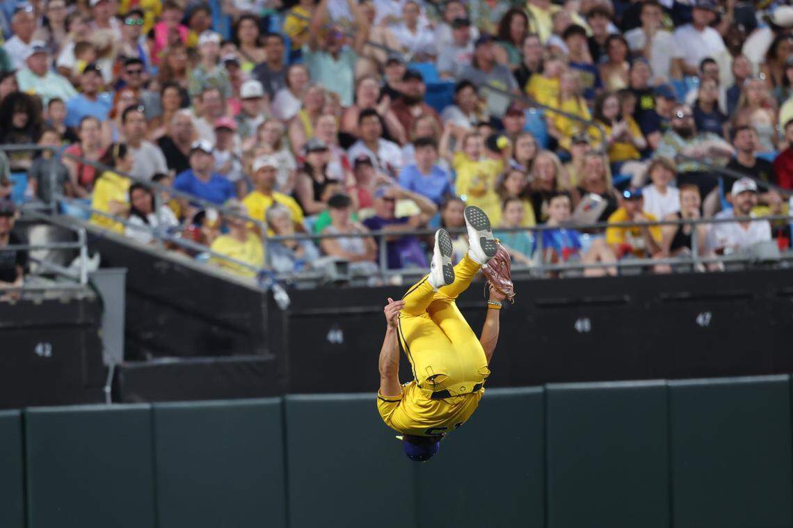 Savannah Bananas’ Robert Anthony Cruz flips in the outfield Friday, June 6, 2025 at Banana Ball in Charlotte.