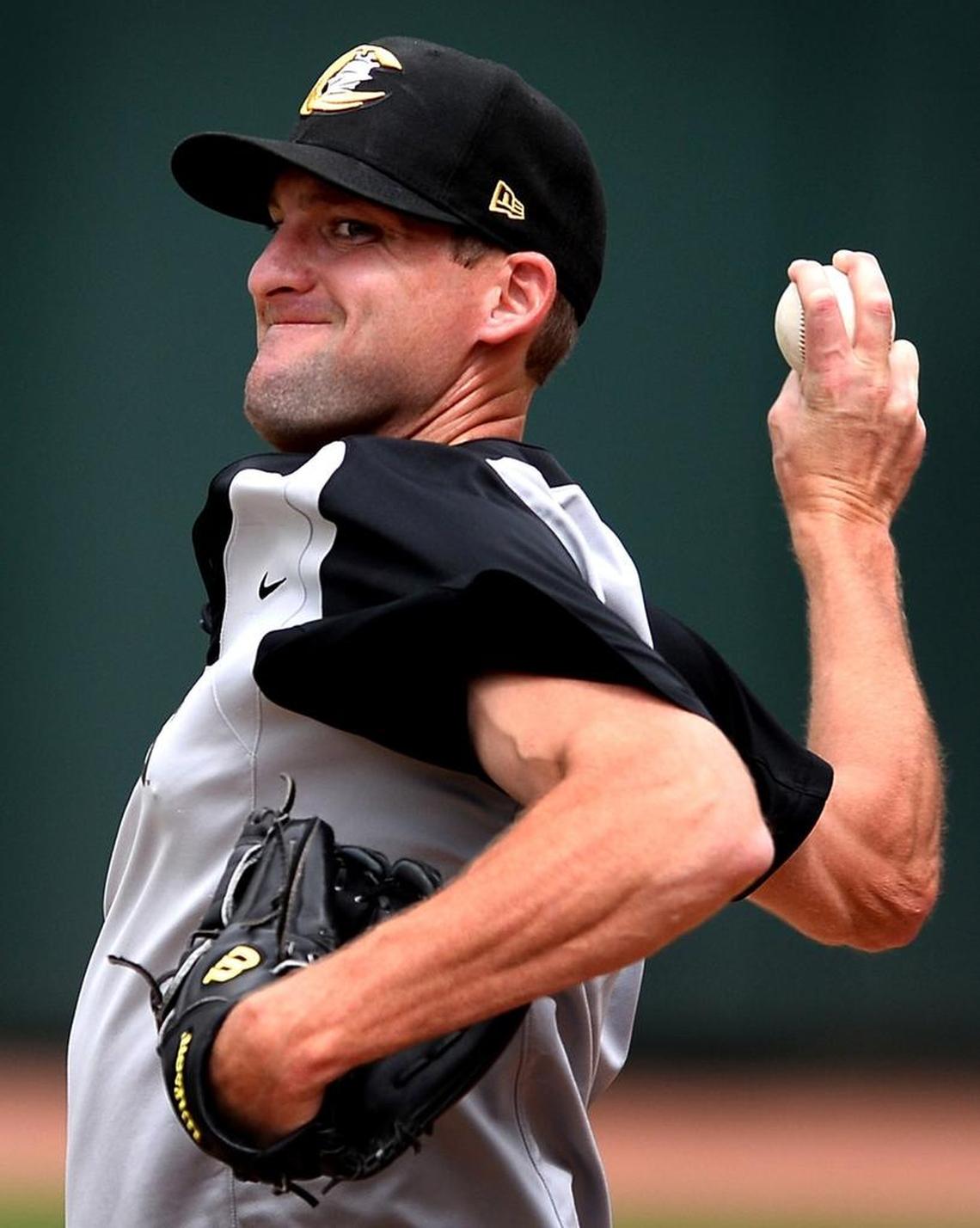 Charlotte Knights reliever Bobby Parnell warms up at BB&T Ballpark on Friday before the team’s International League game against Gwinnett. A Salisbury native, Parnell is a former New York Mets pitcher.