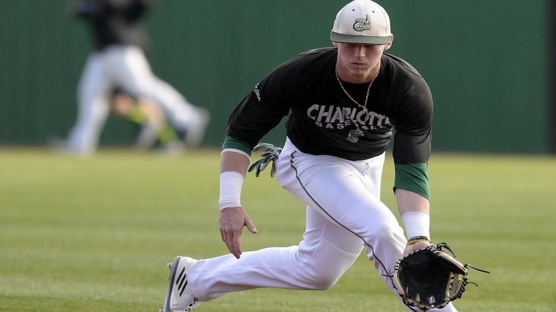 Charlotte 49ers’ Brett Netzer (infielder) makes a play while warming up prior to a scrimmage at Charlotte’s Hayes Stadium in January. Netzer was drafted in the third round of the 2017 MLB Draft by the Boston Red Sox.