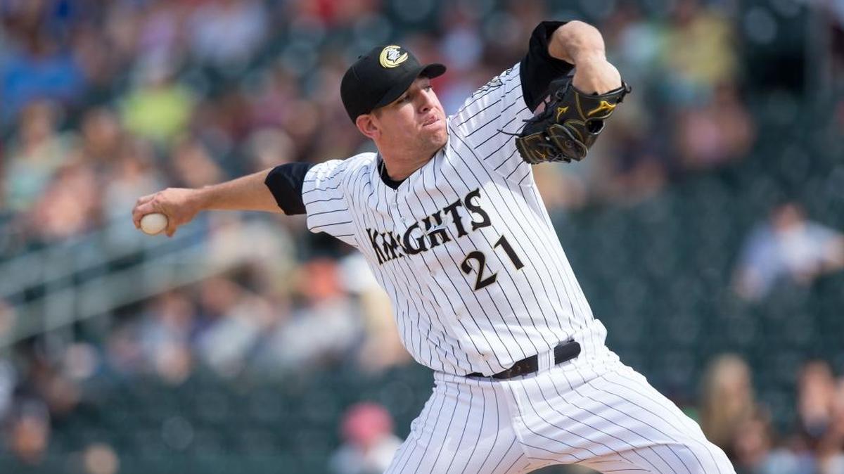Charlotte Knights relief pitcher Brad Goldberg (21) in action against the Indianapolis Indians at BB&T BallPark on June 19, 2016 in Charlotte, North Carolina. The Indians defeated the Knights 6-3. (Brian Westerholt/Four Seam Images via AP Images)