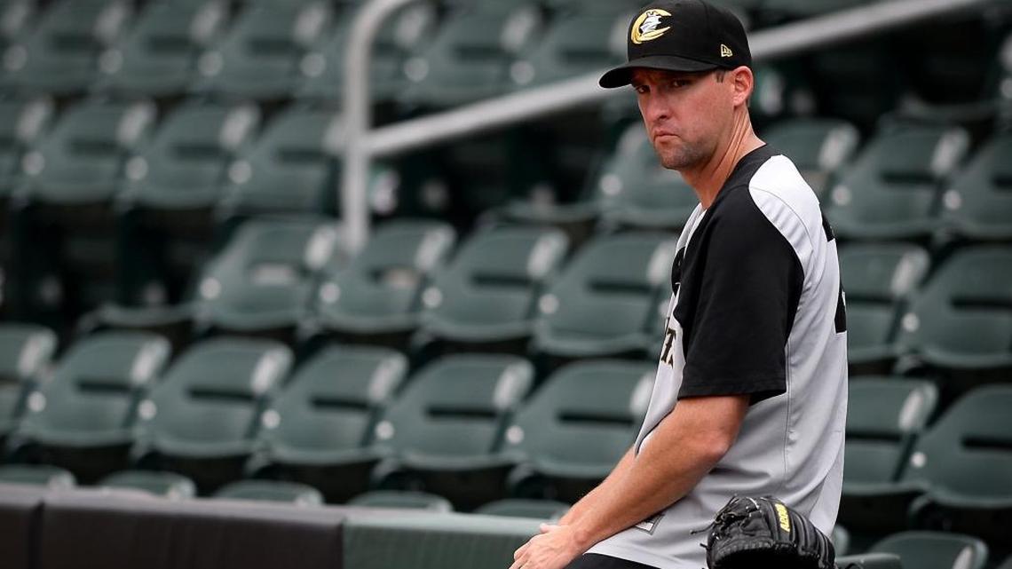 Charlotte Knights reliever Bobby Parnell takes a break before Friday’s home game at BB&T Ballpark against Gwinnett. Parnell, who grew up in Salisbury and attended East Rowan High, formerly pitched for the New York Mets.