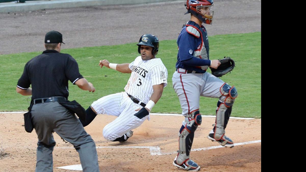 
Micah Johnson scores a run for the Charlotte Knights on Thursday as Gwinnett Braves catcher Jose Yepez waits for the throw at BB&T BallPark on Thursday night. 


