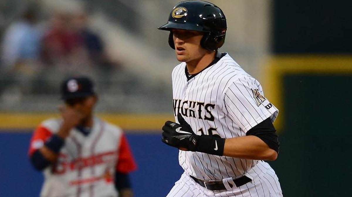 
Charlotte Knights Trayce Thompson rounds second base after hitting a solo home run off of Gwinnett Braves pitcher Matt Wisler during second inning action at BB&T BallPark on April 17. Thompson has two homers, five doubles and three triples this season.

