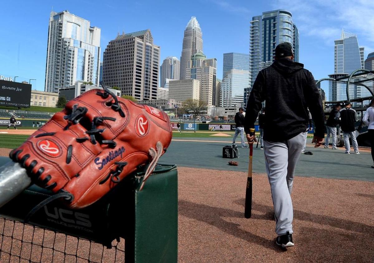 The Chicago White Sox take batting practice at BB&T BallPark before an exhibition game with their AAA farm club, the Charlotte Knights. Baseball America ranks the stadium the No. 1 minor league baseball venue in the nation.