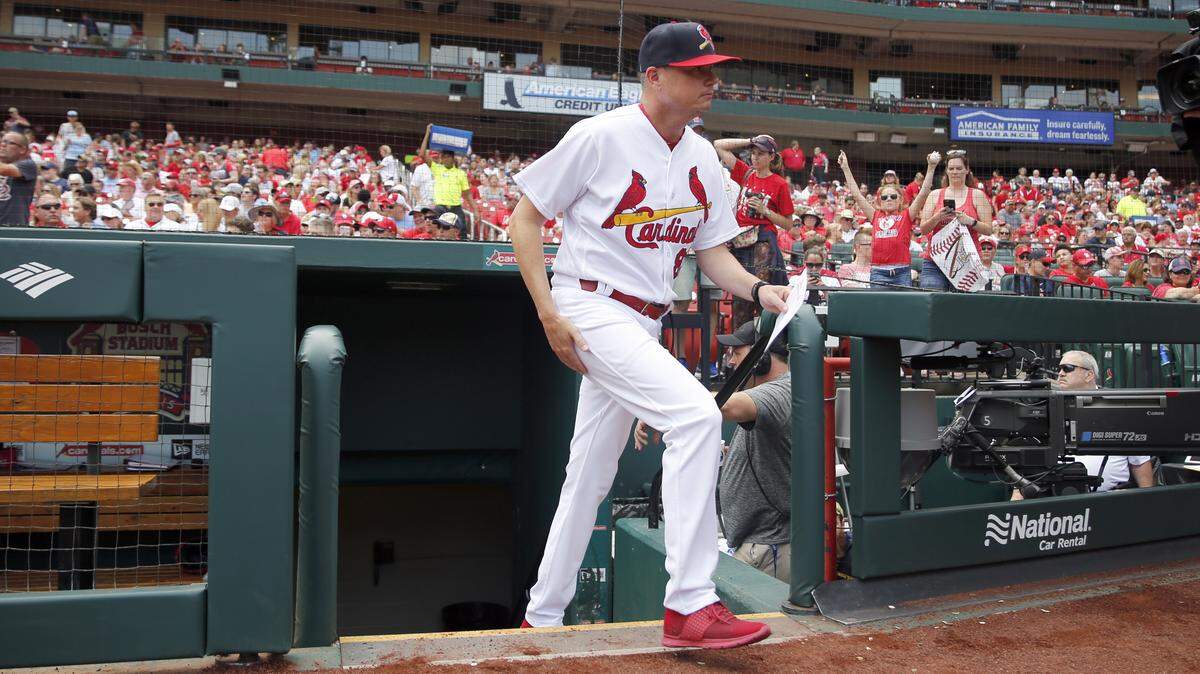 St. Louis Cardinals interim manager Mike Shildt heads out to deliver the lineup card before the start of a baseball game against the Cincinnati Reds Sunday, July 15, 2018, in St. Louis. Shildt has moved from being bench coach to interim manager after the firing of manager Mike Matheny on Saturday. (AP Photo/Jeff Roberson)
