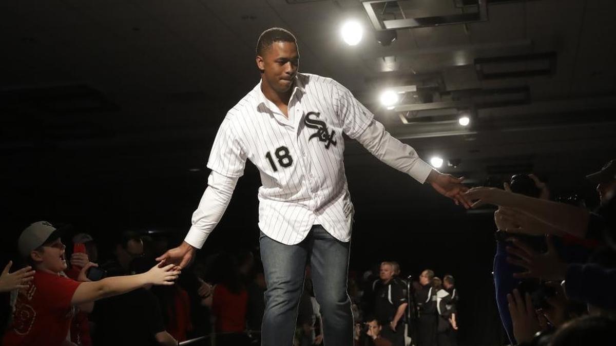 Charlotte Knights outfielder Eloy Jimenez, top prospect in the Chicago White Sox organization, was named International League Batter of the Week. Above, Jimenez greets fans during an event in Chicago.