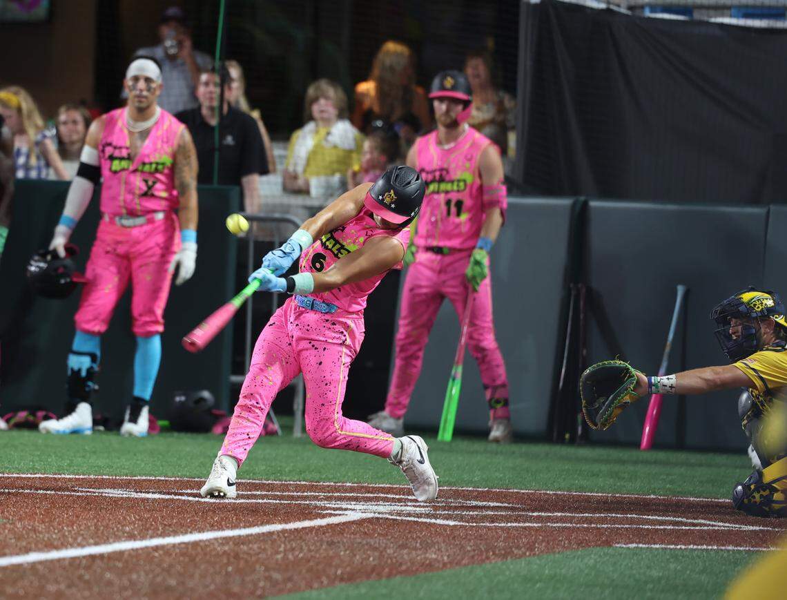 Charlotte native Reece Hampton, who plays for the Party Animals, hits the ball Friday, June 6, 2025 at Bank of America Stadium in Charlotte.