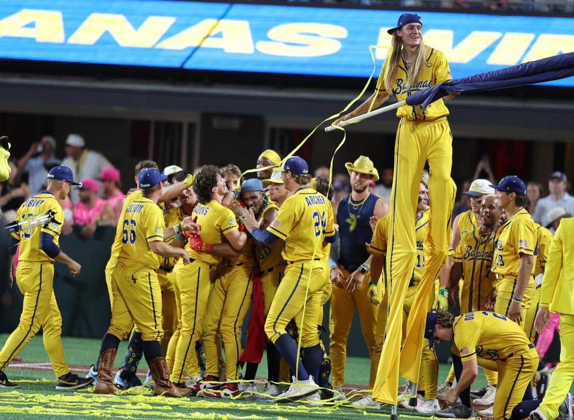 The Savannah Bananas celebrate Friday, June 6, 2025 after defeating the Party Animals at Bank of America Stadium in Charlotte.