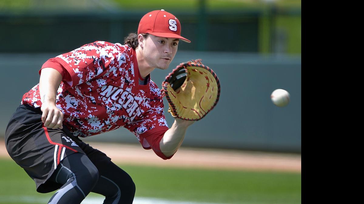 
North Carolina State's first baseman Preston Palmeiro (12) practices at Lupton Stadium on Thursday, May 28, 2015 in Fort Worth, Texas. (Max Faulkner/Fort Worth Star-Telegram/TNS)
