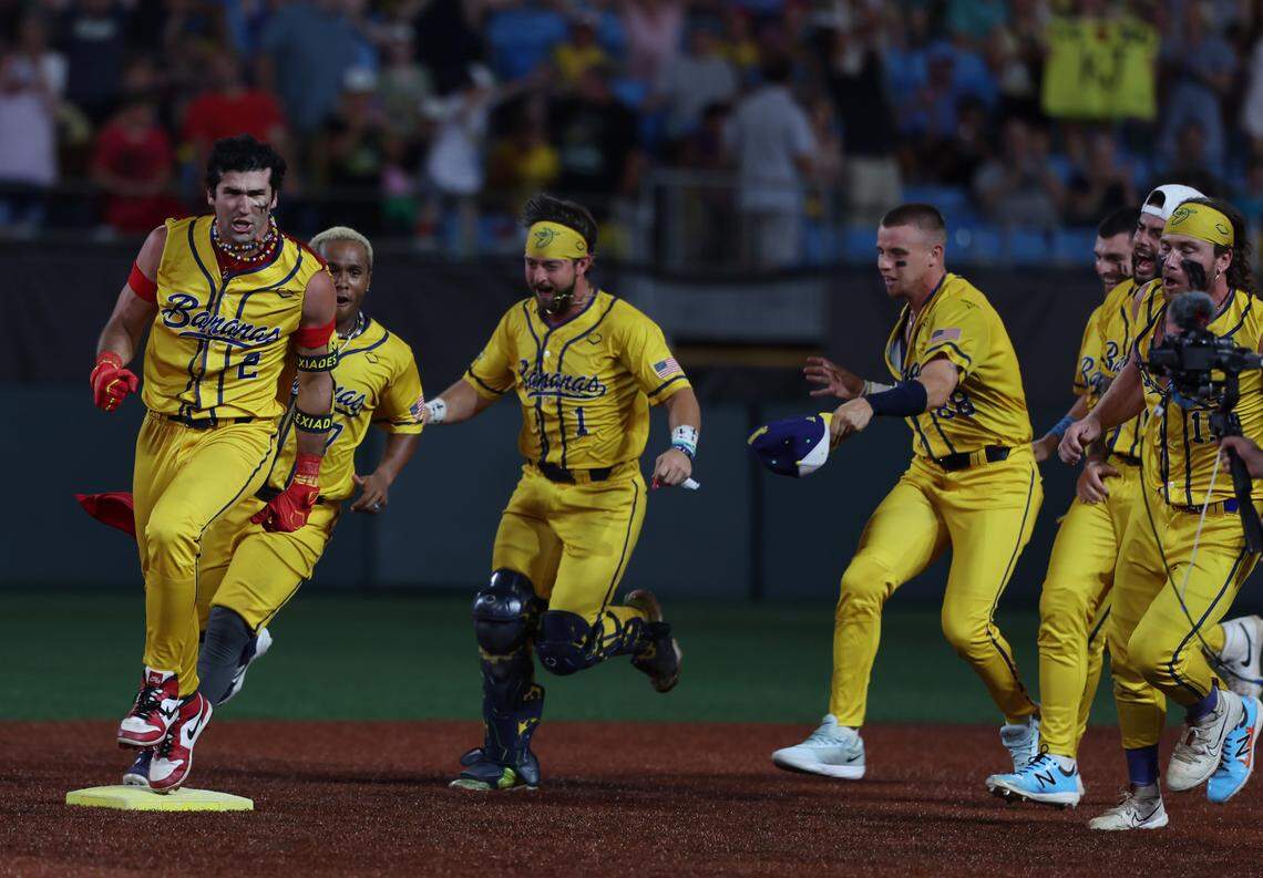 The Savannah Bananas run the bases Friday, June 6, 2025 at Bank of America Stadium in Charlotte