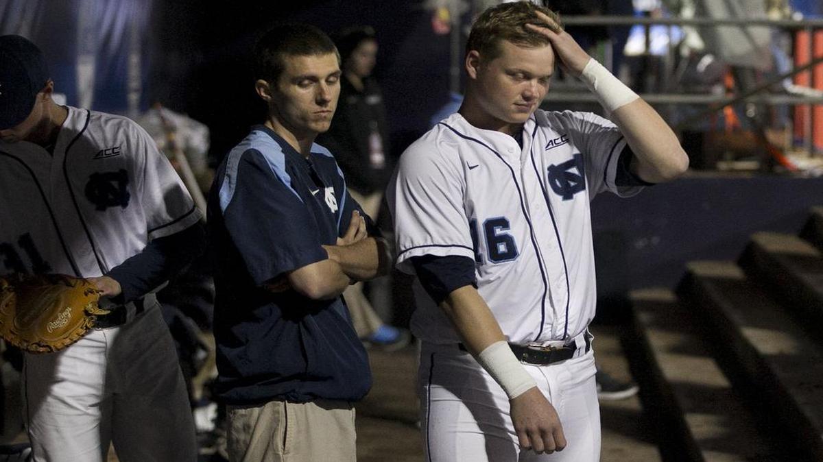 
North Carolina’s Ryder Ryan (16) reacts after a scoreless eighth inning against Florida State during the ACC Baseball Championship on Thursday, May 21, 2015 at the Durham Bulls Athletic Park in Durham.

