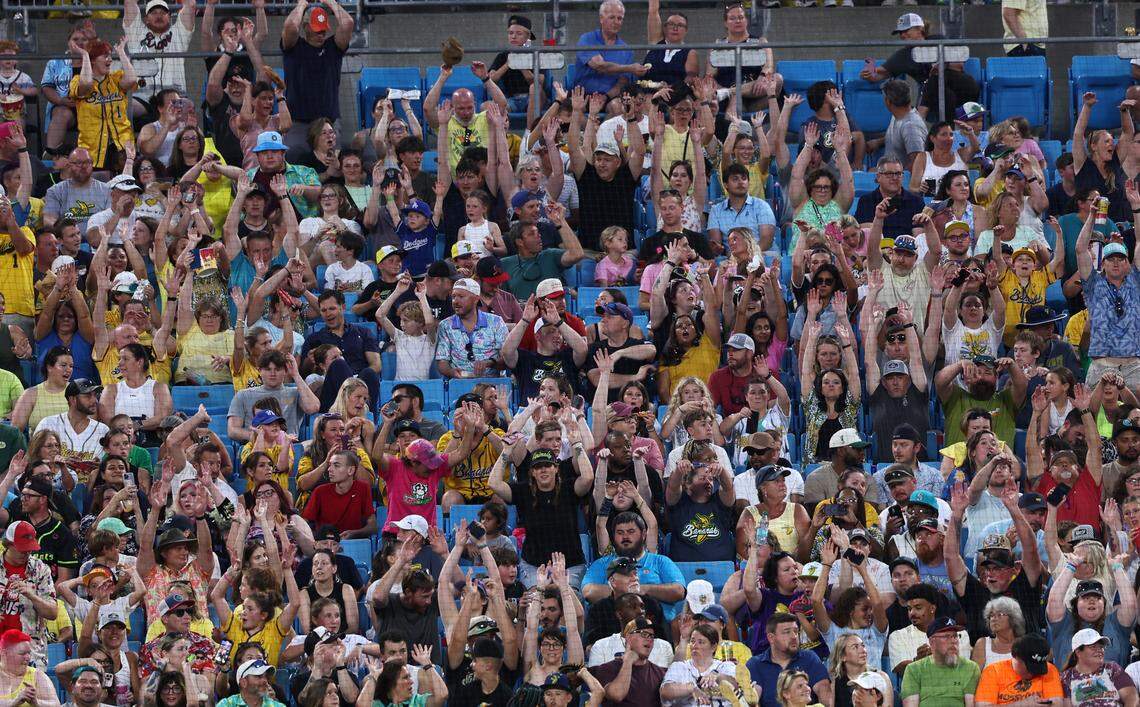 Fans dance along to a performance by the Savannah Bananas and the Party Animals during Banana Ball at Bank of America Stadium in Charlotte.