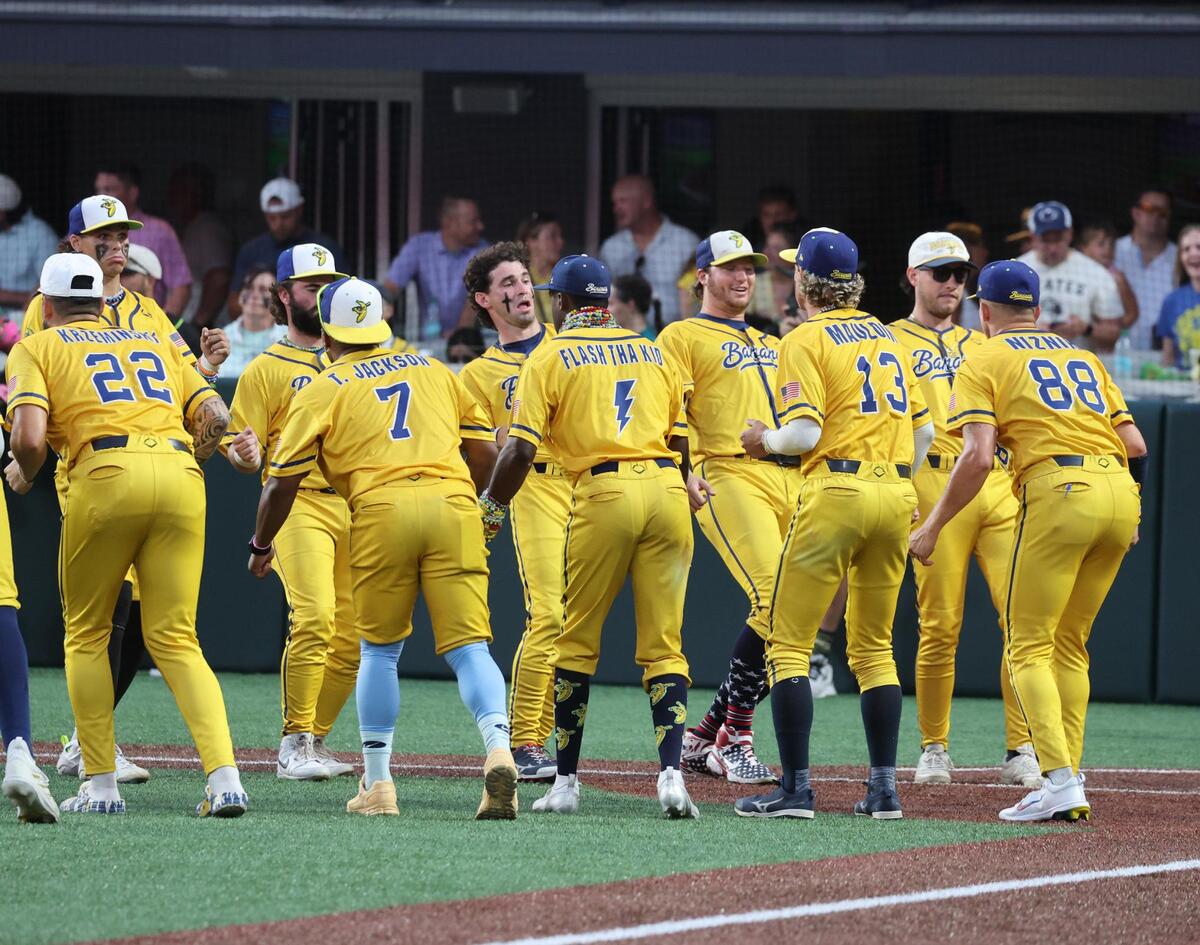 The Savannah Bananas dance during Banana Ball Saturday, June 7, 2025 at Bank of America Stadium in Charlotte