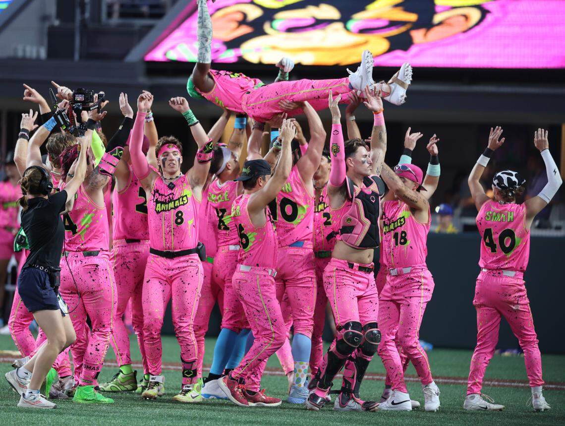 The Party Animals perform during Banana Ball against the Savannah Bananas at Bank of America Stadium in Charlotte Friday, June 6, 2025