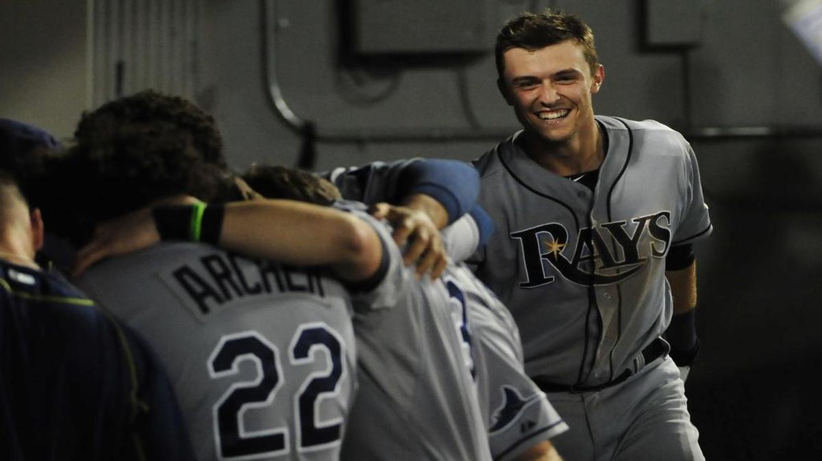 
Richie Shaffer (R) of the Tampa Bay Rays after hitting his first MLB hit a home run against the Chicago White Sox during the seventh inning on August 4, 2015 at U.S. Cellular Field in Chicago, Illinois.
