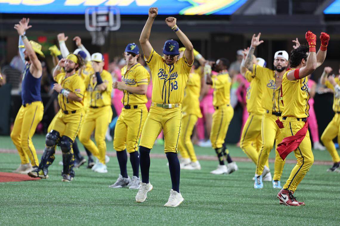 The Savannah Bananas perform a dance Friday, June 6, 2025 at Bank of America Stadium in Charlotte