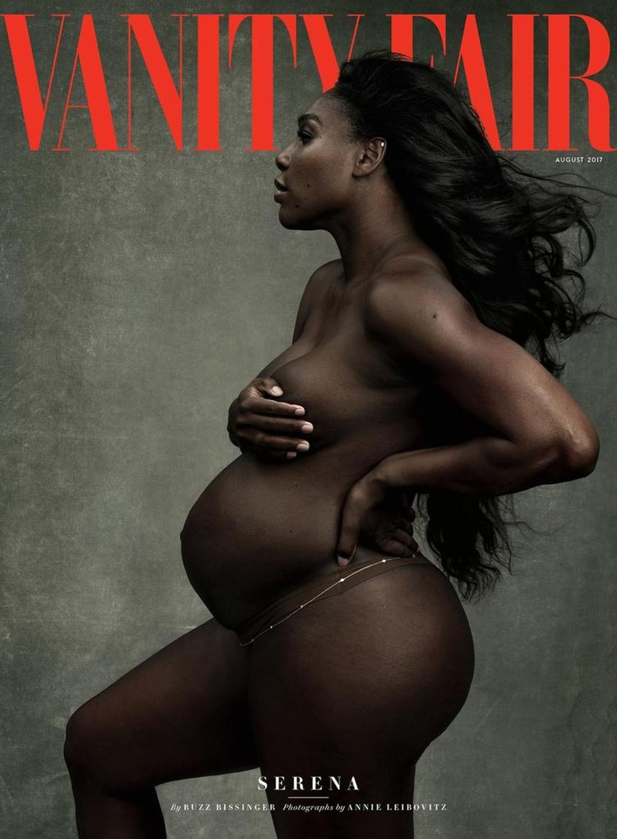 This image made by Annie Leibovitz exclusively for Vanity Fair shows the cover of the August edition of the magazine, unveiled Tuesday, June 27, 2017, featuring Serena Williams. Serena announced her pregnancy with Reddit co-founder Alexis Olhanian in April. The magazine reports the couple will be married in the fall after the baby is born. (Annie Leibovitz/Vanity Fair via AP)