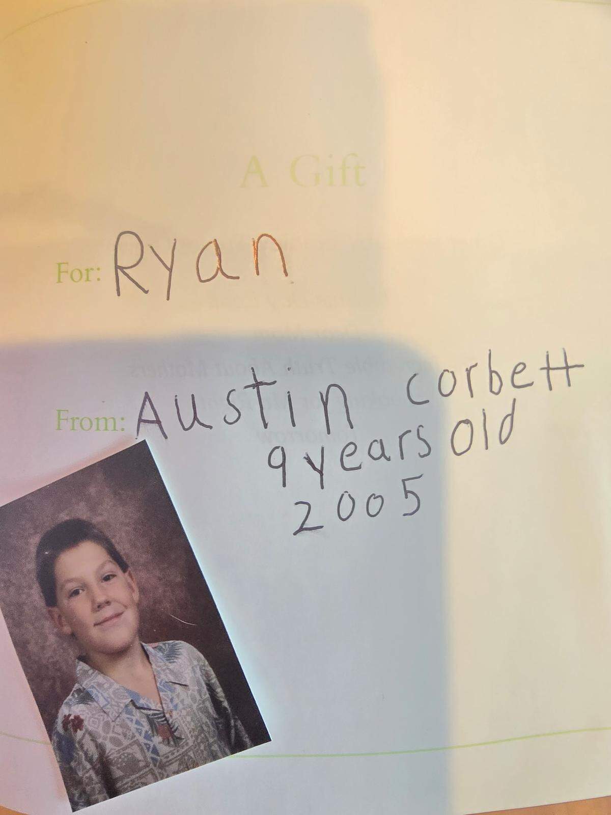 Austin Corbett, when he was 9 years old, enclosed this letter in addition to his gift to Ryan Wallace, his favorite wrestler growing up in Reno, Nevada.