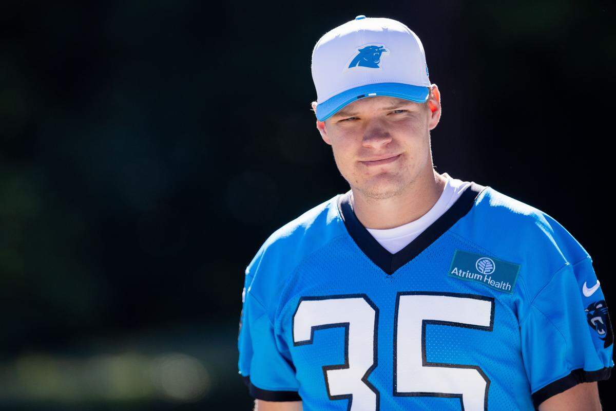 Jul 26, 2025; Charlotte, NC, USA; Carolina Panthers place kicker Ryan Fitzgerald (35) walks up to training camp. Mandatory Credit: Scott Kinser-Imagn Images