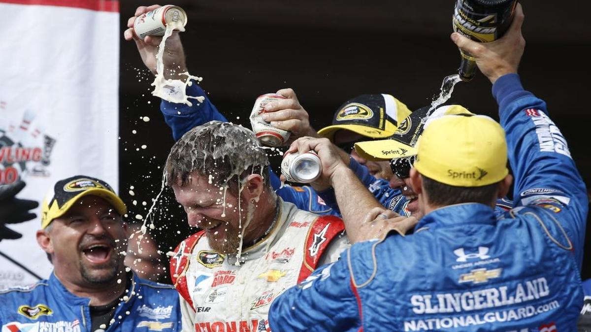 Dale Earnhardt Jr. has run well at Pocono Raceway, including two wins (both in 2014) in his 34 career starts. Above, crew members douse Earnhardt after he won the Cup Series race at the track in Long Pond, Pa., on Aug. 3, 2014.